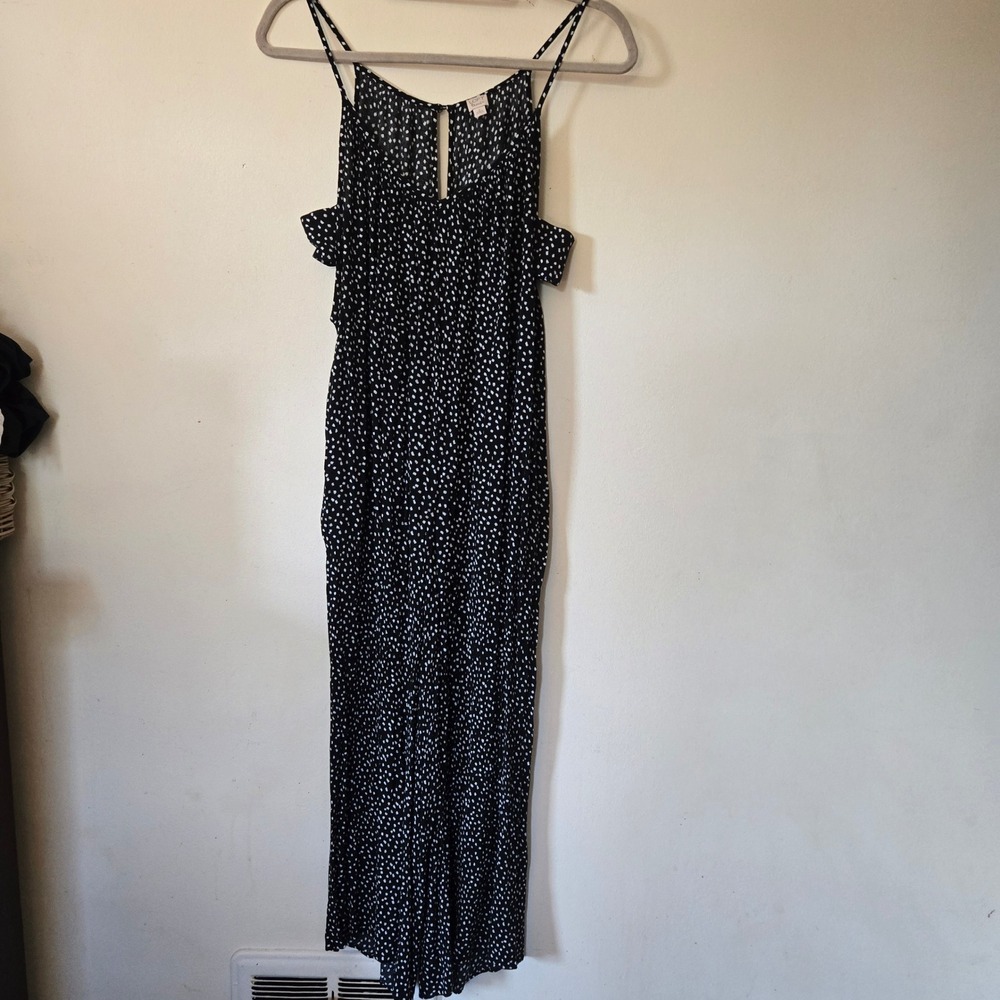 Loft Beach Jumpsuit Womens Small Black Polka Dot open side detail Pockets Summer